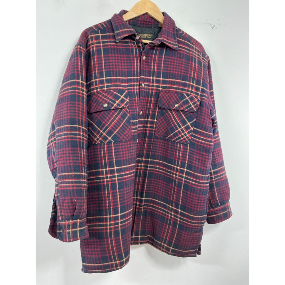 Mens Chesterfield Quilted Flannel Shirt Jacket Large Red Blue Lined Button Down